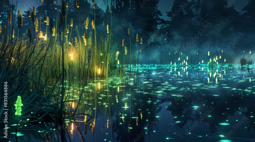 A glowing marshland of bioluminescent reeds and cattails creates a serene, dreamlike reflection on still waters.