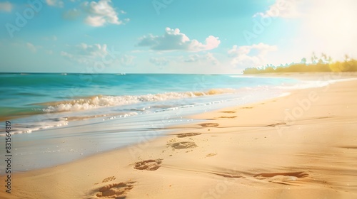 Blurred defocused natural background of tropical summer beach with footprints in the wet sand. Summer vacation concept.