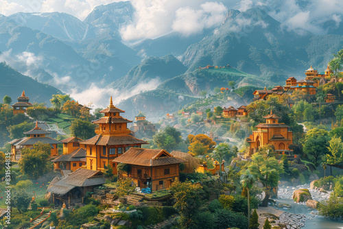 A traditional village nestled in the foothills of towering mountains, showcasing indigenous architecture and customs. Concept of cultural authenticity and heritage. Generative Ai. photo