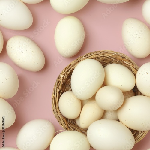 Wallpaper Mural Top view of neatly arranged chicken eggs on a gentle pink background for aesthetic appeal Torontodigital.ca