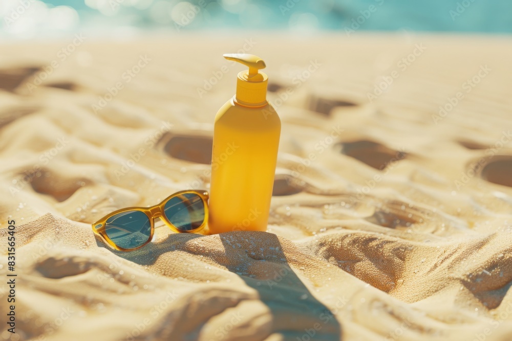 Sunscreen lotion, sunglasses on sandy beach as background. Generative AI Sunscreen lotion, sunglasses on sandy beach as background. Generative AI