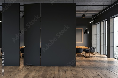 Blank black partition with place for advertising poster or logo in modern interior design spacious office hall with conference table, wooden floor and dark wall background Mock up, AI generative 