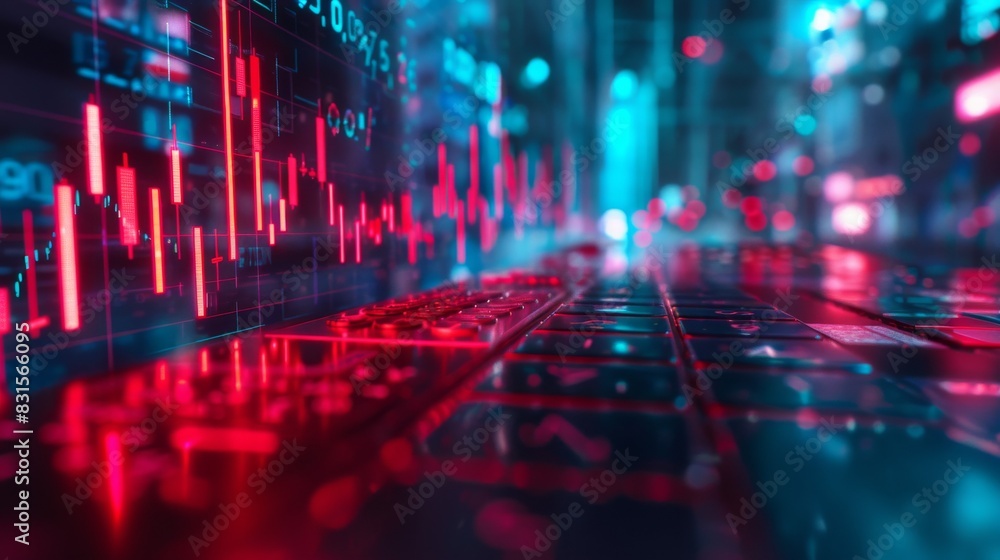 Digital Stock Market Chart with Red and Blue Lights, Keyboard and Screen Digital Stock Market Chart with Red and Blue Lights, Keyboard and Screen