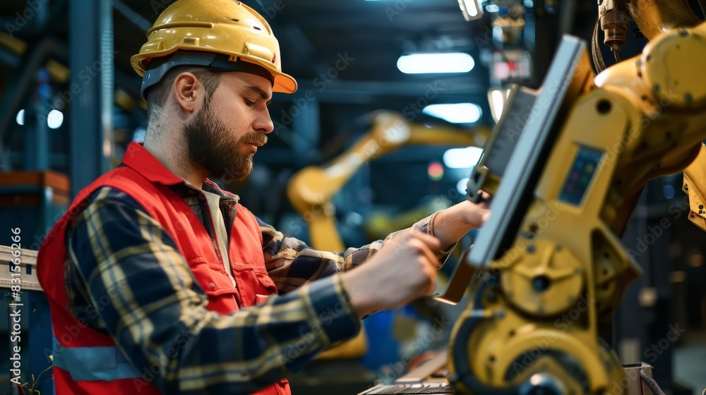 A male worker with a red badge programming a large industrial robot in an automotive assembly line A male worker with a red badge programming a large industrial robot in an automotive assembly line