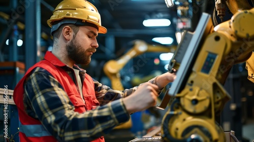 Wallpaper Mural A male worker with a red badge programming a large industrial robot in an automotive assembly line Torontodigital.ca
