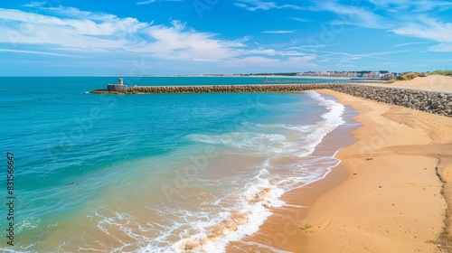 Breakwaters stretch along a sunny European beach, their sturdy structures contrasting with the soft sand and vibrant blue sea