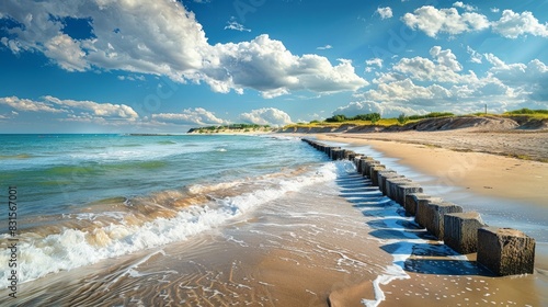 Breakwaters stretch along a sunny European beach, their sturdy structures contrasting with the soft sand and vibrant blue sea