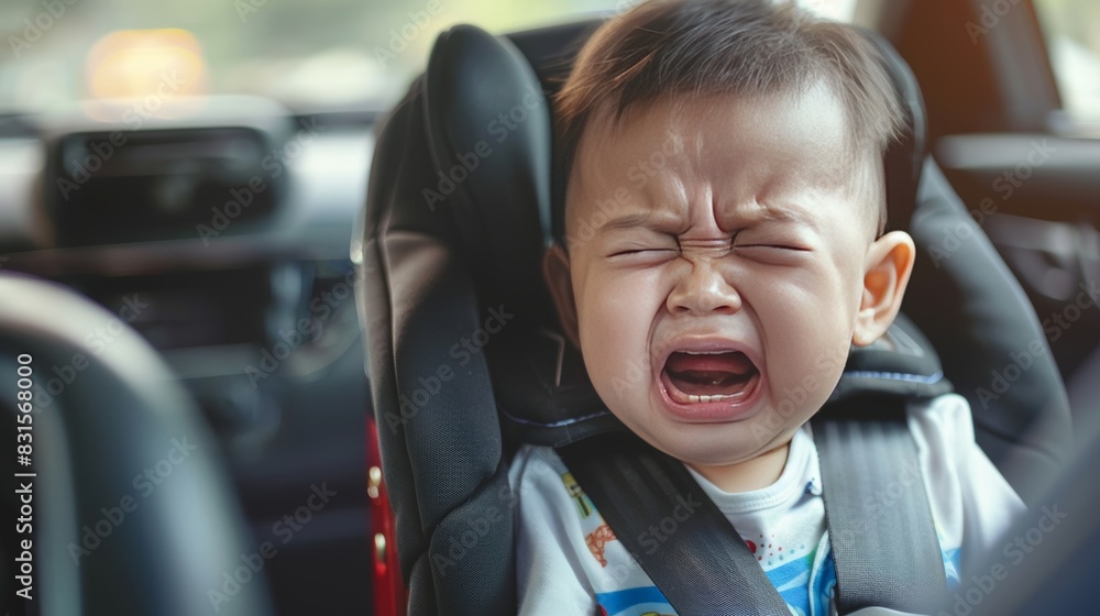 A crying baby in a car seat A crying baby in a car seat