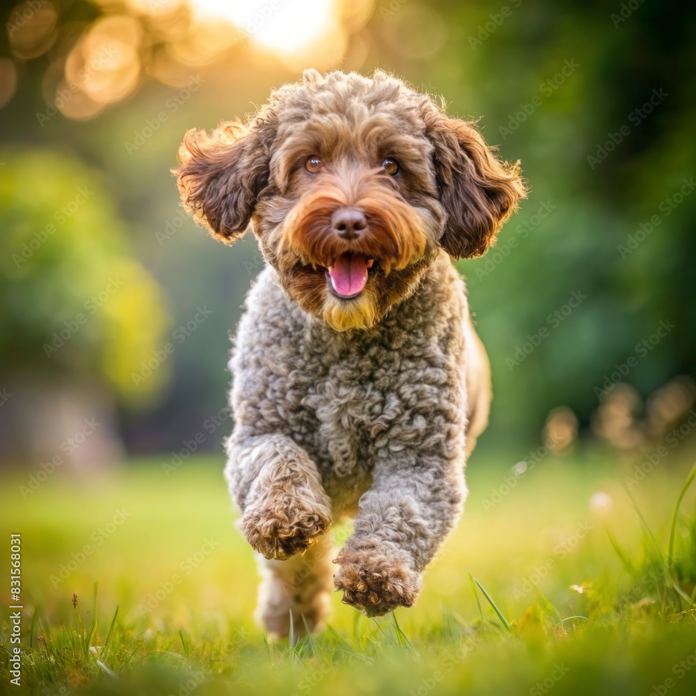 Barbet dog running on grass on blurred summer natural background and looking at the camera. Barbet dog running on grass on blurred summer natural background and looking at the camera.