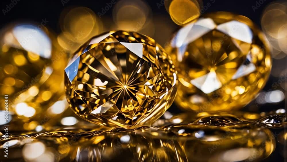 several gemstones, diamonds, placed on a reflective golden surface with vibrant lighting , several gemstones, diamonds, placed on a reflective golden surface with vibrant lighting ,