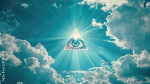 Shining Eye of Providence in the blue cloudy sky. All-seeing God's eye
