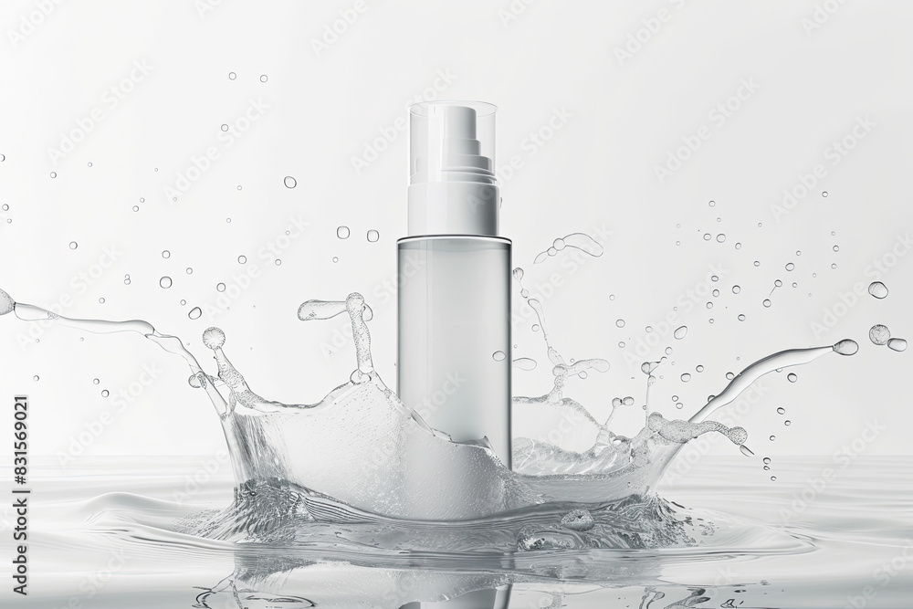 A clear plastic bottle of skincare with a single droplet A clear plastic bottle of skincare with a single droplet