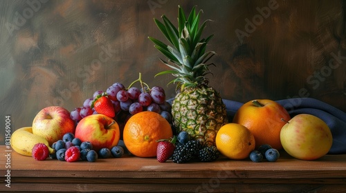 Assorted fruits displayed on a wooden table in a studio setting