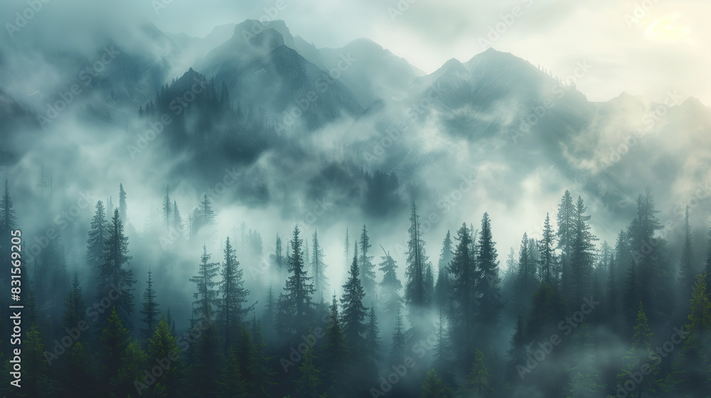 Foggy morning in a mountain valley with forest. Foggy morning in a mountain valley with forest.