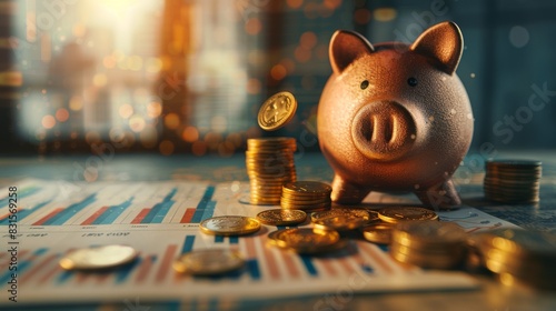 Piggy Bank with Falling Coins Representing Inflation's Impact photo