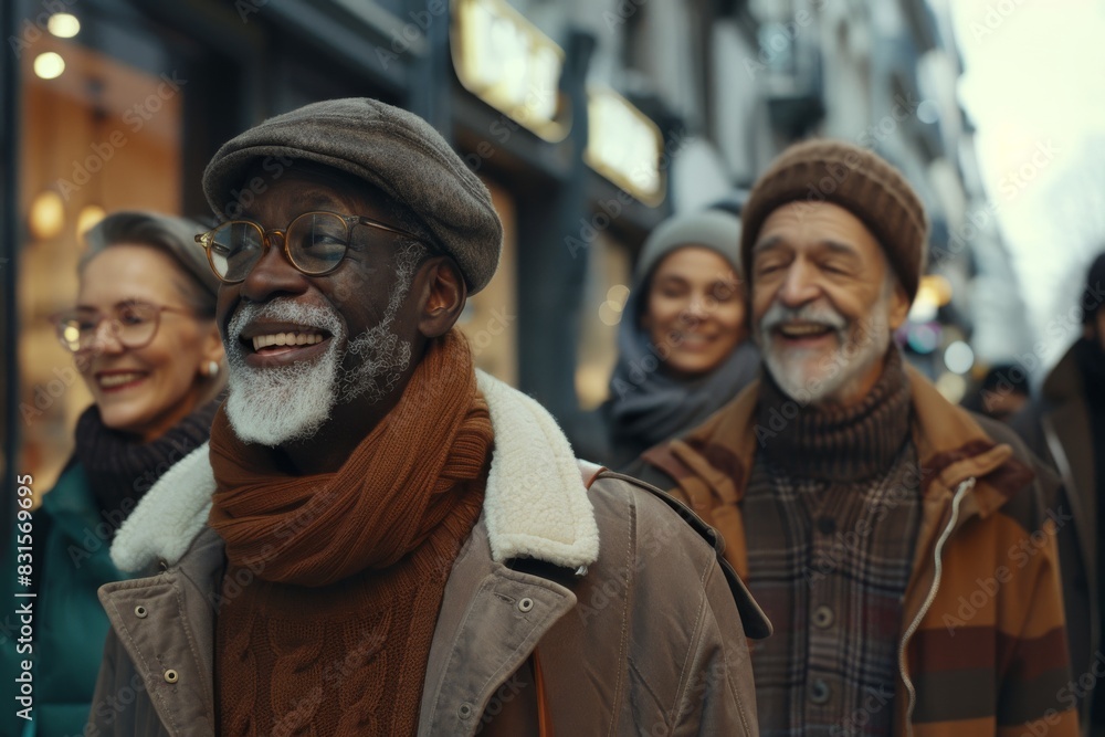 Portrait of three senior friends walking in the street. Group of diverse men and women wearing warm clothes. Portrait of three senior friends walking in the street. Group of diverse men and women wearing warm clothes.