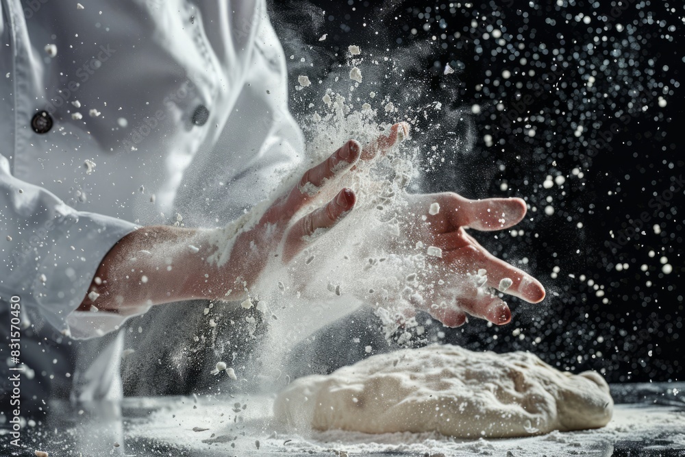 Fototapeta premium White flour flies in air on black background, pastry chef claps hands and prepares yeast dough for pizza pasta