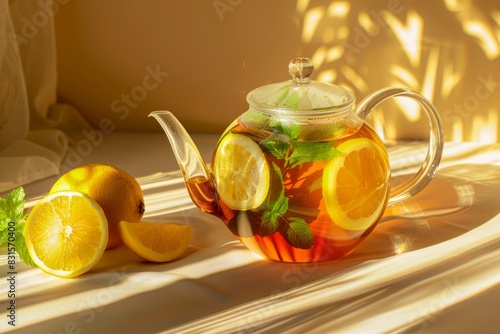 A glass teapot filled with brewed tea and fresh lemon slices resting on a table