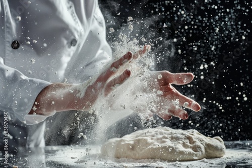 White flour flies in air on black background  pastry chef claps hands and prepares yeast dough for pizza pasta