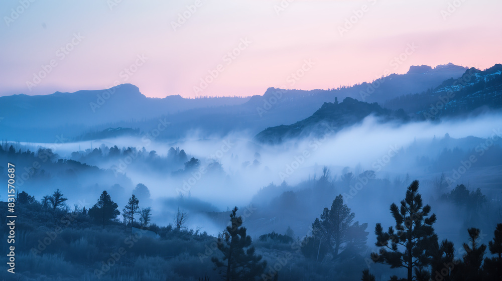 Obraz premium Mountain landscape with fog in the morning light.