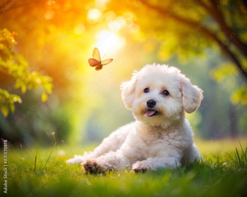Bichon Frise breed dog watching a butterfly on a blurred natural background. Bichon Frise breed dog watching a butterfly on a blurred natural background.