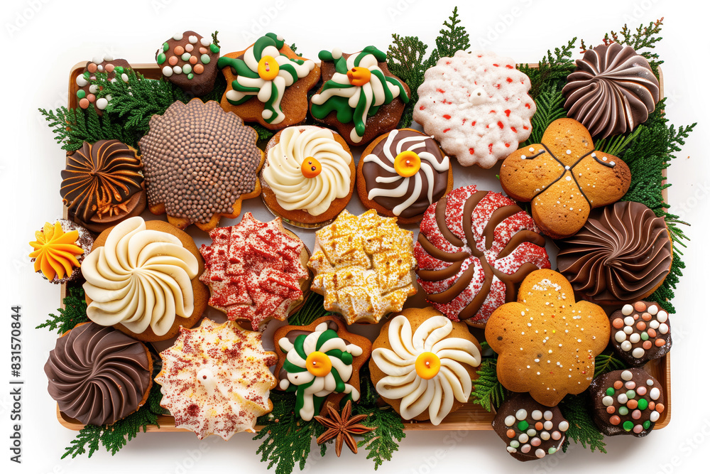 A tray of assorted pastries and cookies with a green background A tray of assorted pastries and cookies with a green background