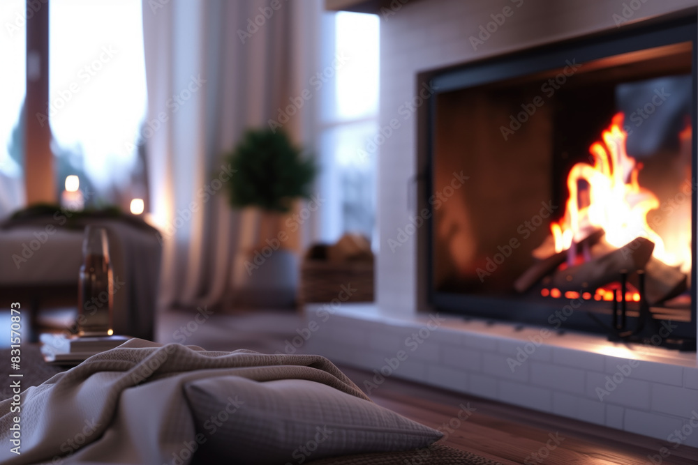 A cozy living room with a fireplace and a blanket on the floor A cozy living room with a fireplace and a blanket on the floor