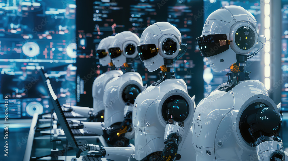Fototapeta premium Futuristic robots working in a high-tech control room