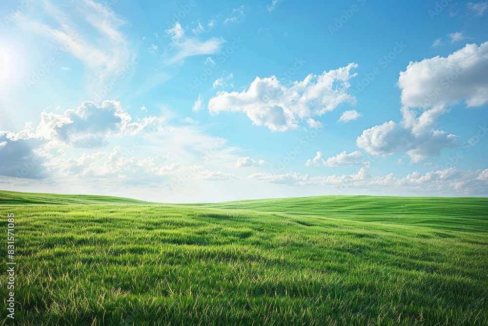 Green field, sunny sky background suitable for summerthemed designs, agriculture concepts, environmental campaigns, and outdoor adventure promotions.	