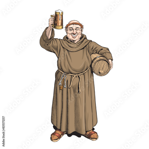 Happy monk holding beer mug and wooden barrel. Brewer checking beer for quality at brewery and winks. Engraving style hand drawn vector illustration. Good for pub or bar menu or label design.