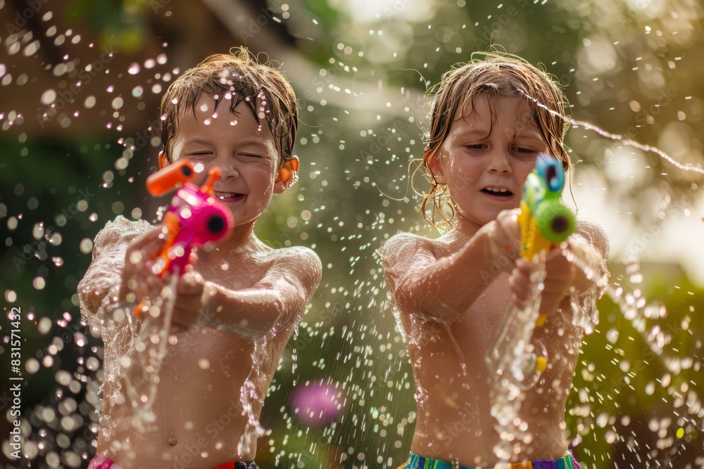 Children Playing with Water Guns Outdoors, Children's Summer Vacation Concept Children Playing with Water Guns Outdoors, Children's Summer Vacation Concept