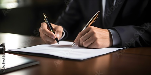Businessman and lawyer signing contract with partner reviewing terms closely. Concept Business Partners, Contract Signing, Legal Agreement, Professional Collaboration photo