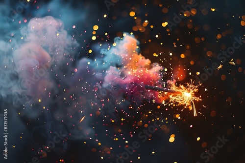 A firecracker exploding in mid-air, a burst of sparks and colorful smoke filling the night sky.