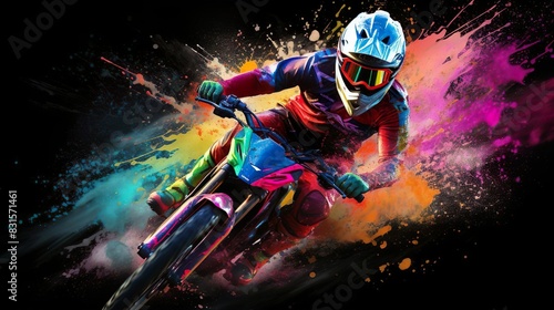 Biker racing at a high speed on a dark background. Fantasy motorcycling energetic poster. Off-road motorcycle useful for rally, race poster, placard, print, leaflet design. A motocross rider. Hand