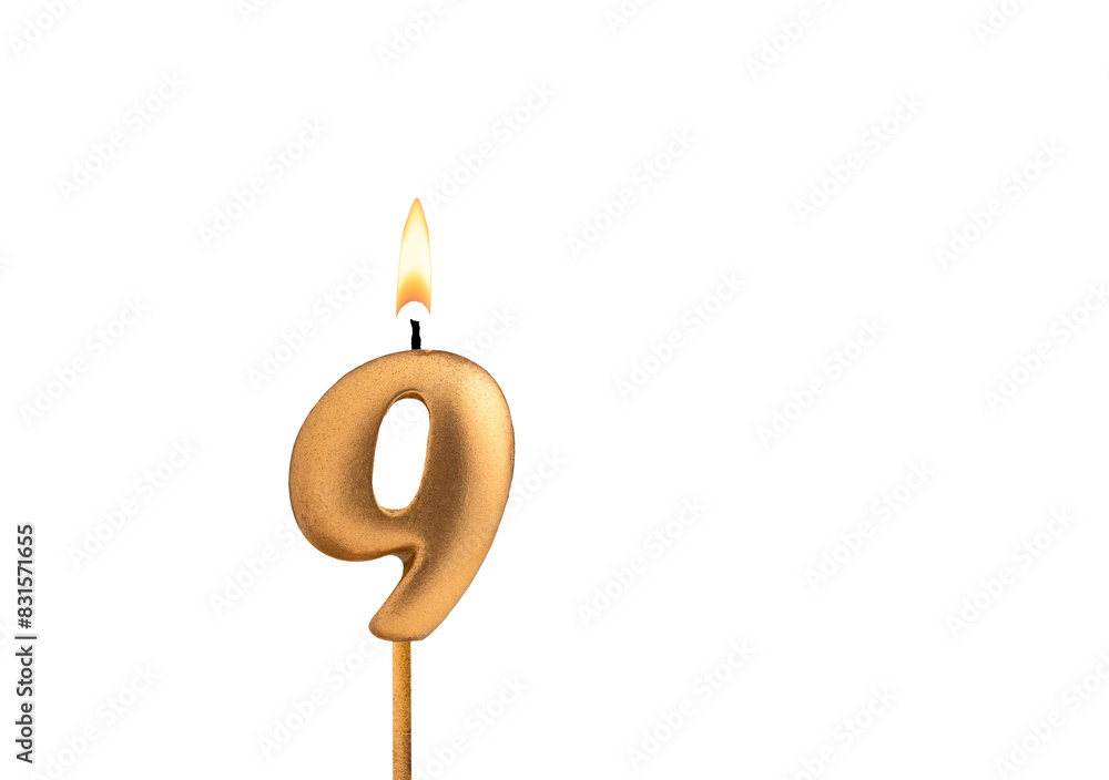 Birthday number 9 - Golden candle on white background Birthday number 9 - Golden candle on white background
