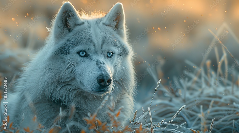 Obraz premium Realistic White Wolf with Azure Fur in Hyper Detail