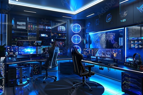 A futuristic gaming room with LED lighting and multiple monitors.