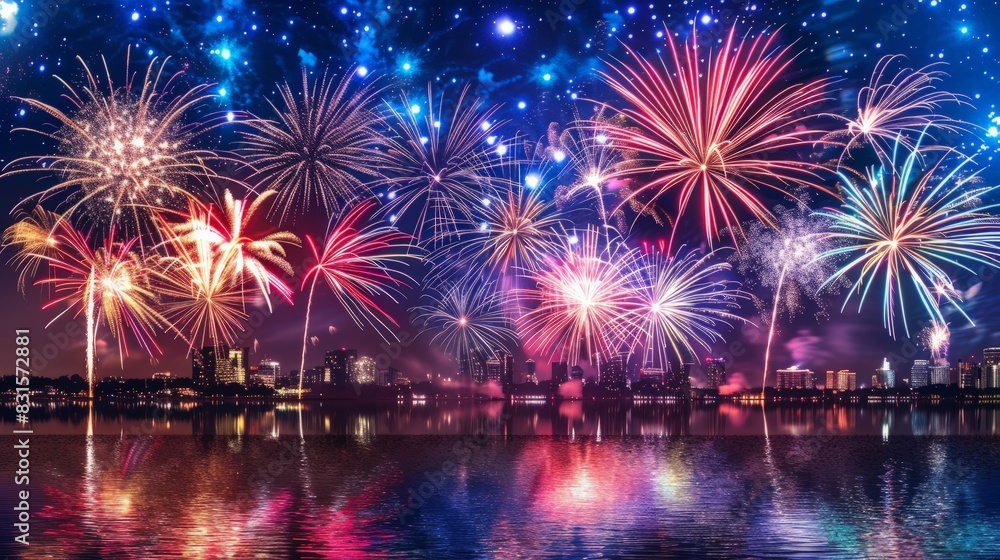 Festive Fourth of July Celebration: City Skyline Aglow with Vibrant Fireworks Display Festive Fourth of July Celebration: City Skyline Aglow with Vibrant Fireworks Display