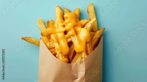 Golden French Fries with Cheese Sauce in a Paper Bag on a Blue Background