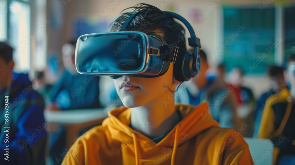 Immersive Virtual Reality Learning Experience in Classroom Concept with Student, Teachers and DSLR Camera Shot Immersive Virtual Reality Learning Experience in Classroom Concept with Student, Teachers and DSLR Camera Shot