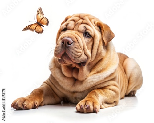 Chinese Shar-Pei dog watching a butterfly on light background.