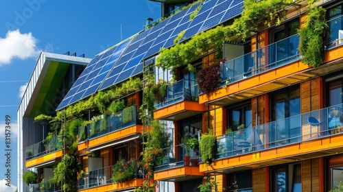 Modern Eco-Friendly Affordable Housing: Sustainable Design with Solar Panels and Green Balconies