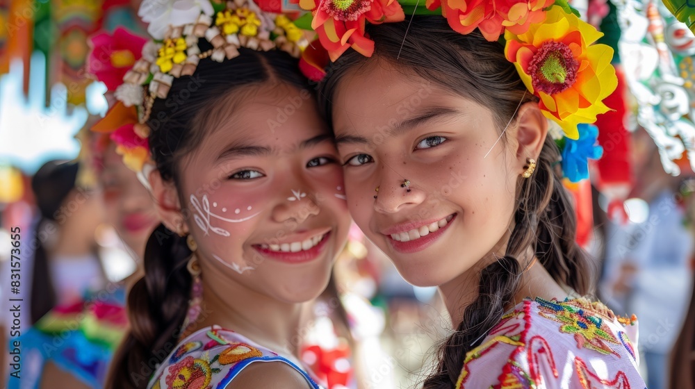 Joyful Girls in Traditional Attire at Cultural Festival - Celebratory Moment Captured with DSLR Camera Joyful Girls in Traditional Attire at Cultural Festival - Celebratory Moment Captured with DSLR Camera