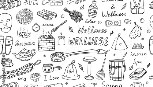 Seamless pattern of sauna and spa theme in doodle style. Wellness, relaxation, enjoy, joy, bathhouse. Hand drawn. Great for banner, posters, wallpaper and professional design.