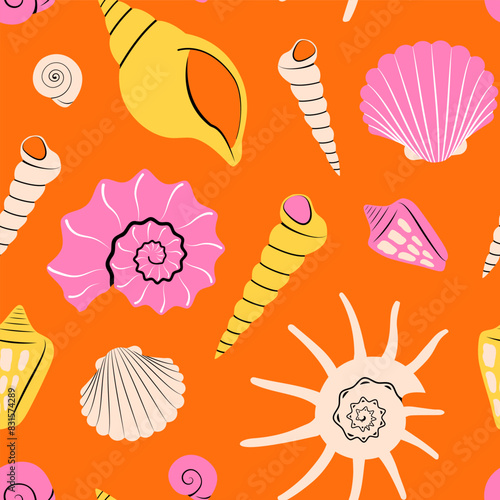 Seamless pattern with bright colorful Sea shells on orange background in modern flat style. Trendy pattern for fabric, textile, wrapping paper, wallpaper, stickers, notebook cover. Vector illustration