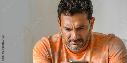 An Indian man expresses frustration with his smartphone after encountering a scam. Concept Technology Frustration, Indian Man, Smartphone Troubles, Scam Incident, Emotional Reaction