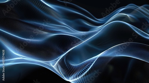 Abstract futuristic wallpaper texture with soft blue smooth wavy lines on a dark black urban background created by modern digital technology © AkuAku
