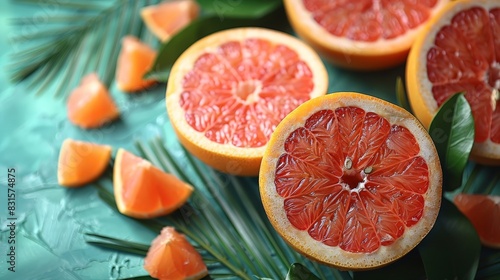 Vibrant image showcasing fresh grapefruit halves with green leaves on a textured blue surface