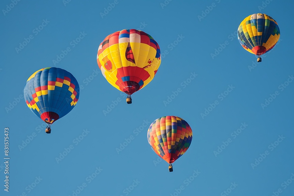 A group of colorful hot air balloons rising into a clear blue sky, each emblazoned with a unique symbol.