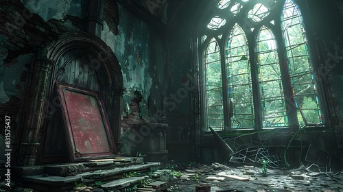 Abandoned Church Interior The Hierophant Card Propped against a Decaying StainedGlass Window photo